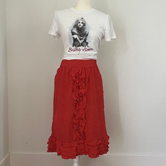 Fashion Village Dresses & Skirts - Vintage Fashion Village Red White Polka Dot Midi Skirt Ruffles Tie Belt Small